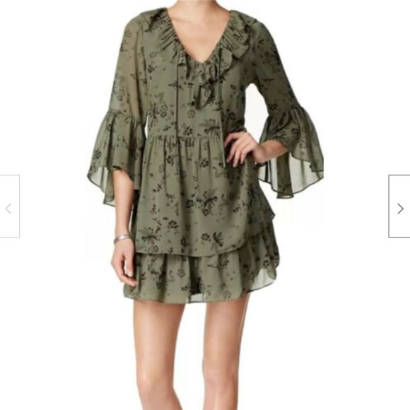Kensie Dresses & Skirts - KENSIE Olive Green Floral Ruffled Dress Bell Sleev